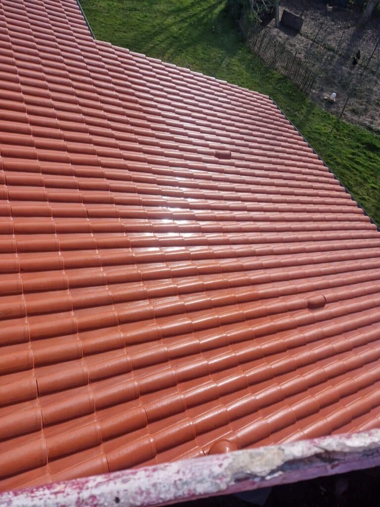 Nettoyage & Protection Toit Tuiles Rouges: Résultat Éclatant Toit en tuiles rouges nettoyé/traité, présentant des zones brillantes sous le soleil. Vue sur un jardin verdoyant et une clôture.