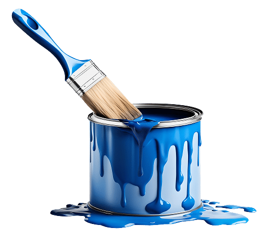 Peinture bleue et pinceau : un pot débordant de couleur vive Pinceau plongé dans un pot de peinture bleue vive, avec de la peinture dégoulinant sur le côté du pot et sur le sol.