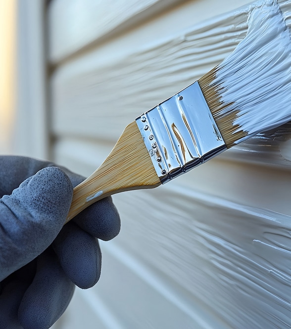Main gantée de gris peignant un mur en blanc avec un pinceau. Des couches de peinture fraîche recouvrent la surface.